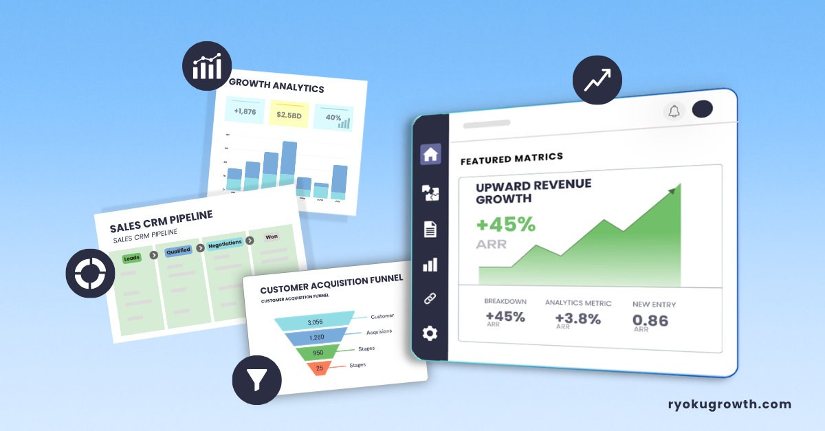 go-to-market strategy examples showcasing a business growth analytics dashboard with marketing funnels and revenue growth metrics